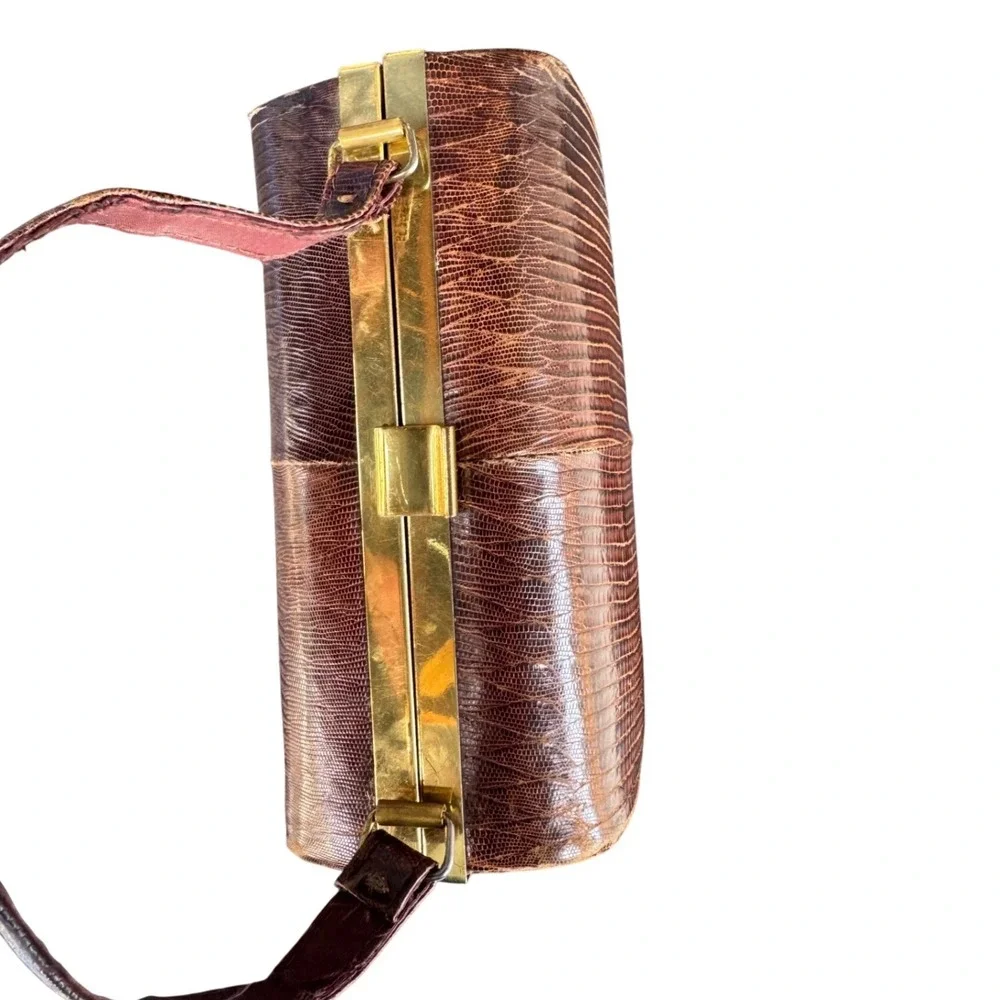Vintage Brown Lizard Skin Frame Bag‎ Mid Century Exotic Leather Purse Brass Trim